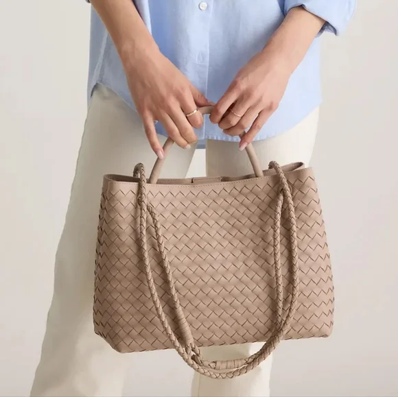 NWT QUINCE LARGE ITALIAN LEATHER HANDWOVEN SATCHEL TOTE BAG IN TAUPE - Picture 2 of 15